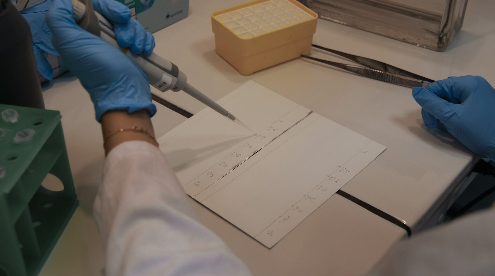 研究员持移液枪对照实验记录操作，隐喻临床成果的验证过程